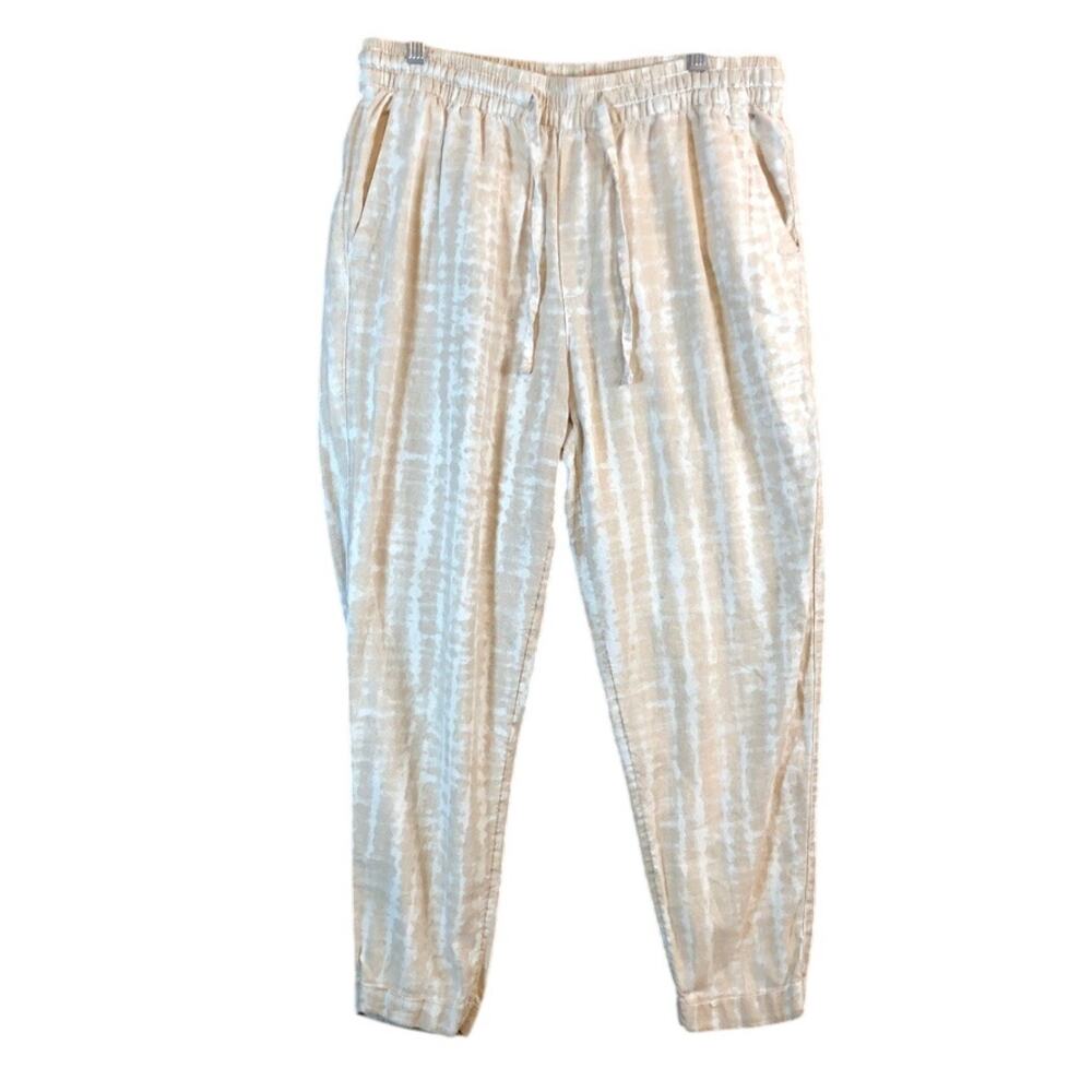Old Navy Womens Pants Tan White Linen Blend Pull On Drawstring Comfort Medium
